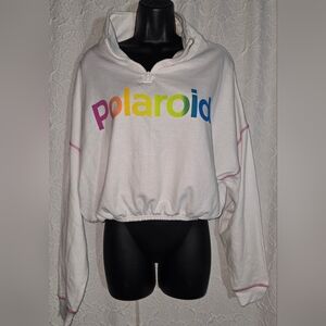 Polaroid White Cropped Pullover Drawstring Long Sleeve Sweatshirt  Large
